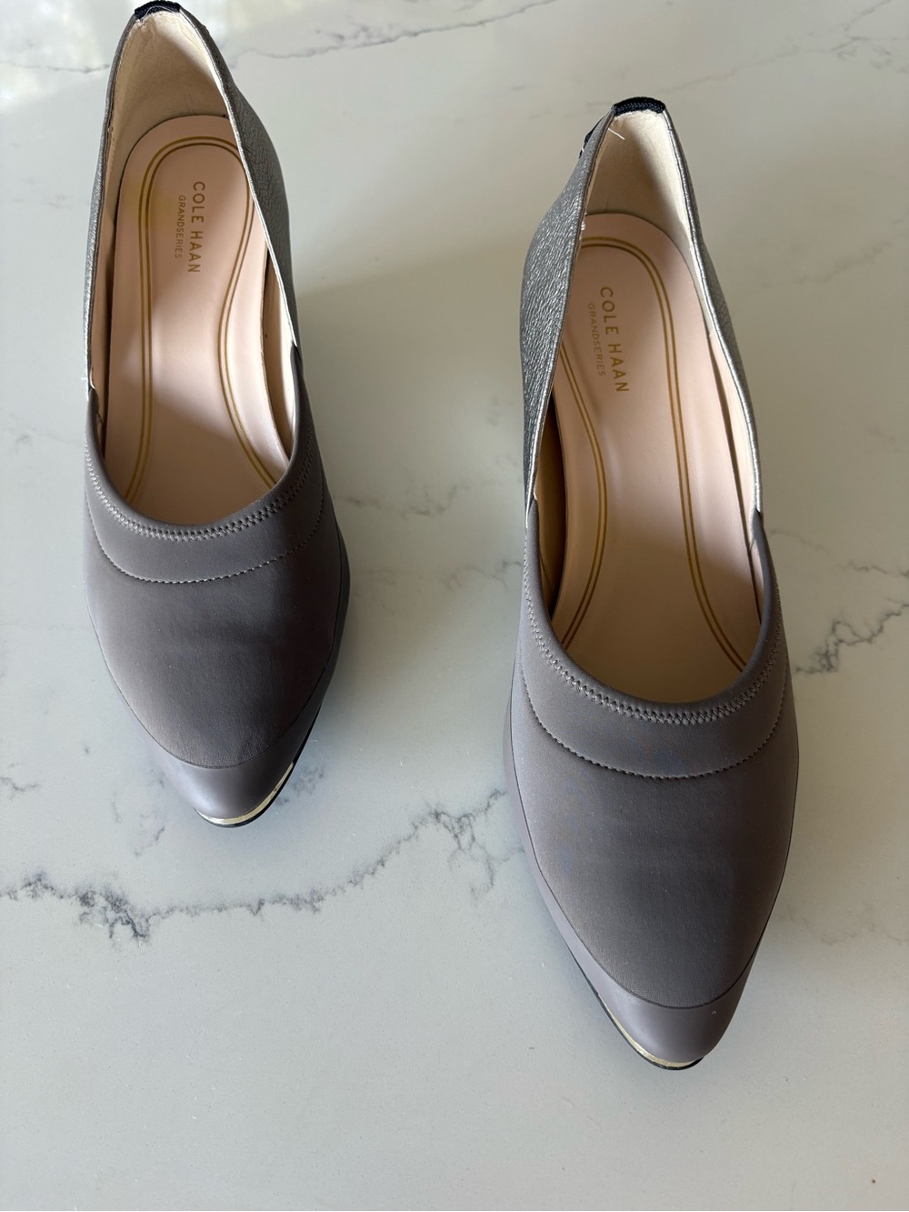 Cole Haan Gray Pointed Toe Heels with Subtle Metallic Accent
